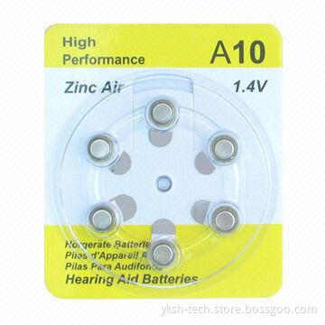 A10 qualified zinc-air button cell battery used for hearing aid, 95mAh 1.4V, high performance